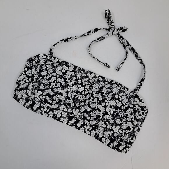 Kona‎ Sol Bikini Swim Top M Floral Tie Neck Halter Bandeau Swimwear Black White - Picture 1 of 6